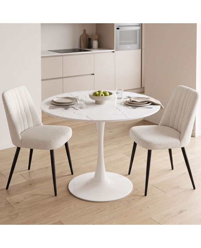 Tραπέζι Balou sintered stone σε λευκή απόχρωση με όψη μαρμάρου-βάση λευκό μέταλλο Φ120x73εκ