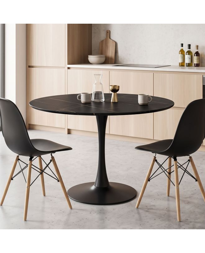 Tραπέζι Balou sintered stone σε μαύρη απόχρωση με όψη μαρμάρου-βάση μαύρο μέταλλο Φ120x73εκ