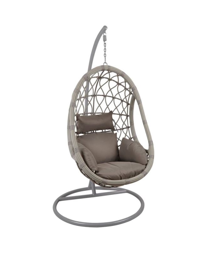 MACAN Κρεμαστή Πολυθρόνα, PE Wicker Grey, Μέταλλο Βαφή Γκρι, Μαξιλάρι Cappuccino