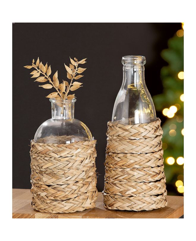 Βάζο ArteLibre Μπουκάλι Διάφανο/Φυσικό Γυαλί/Ψάθα 27cm