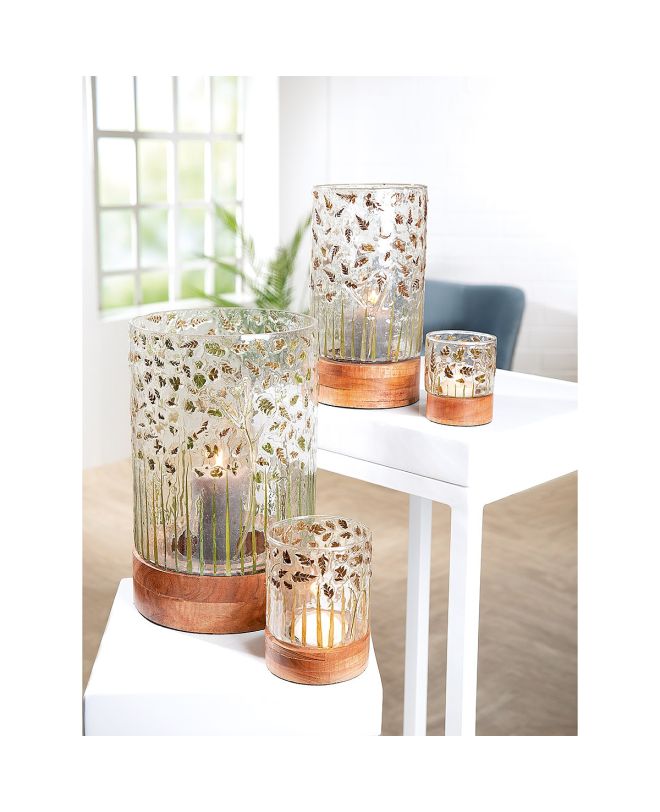 Κηροπήγιο ArteLibre Με Διακόσμηση Φύλλα Διάφανο/Καφέ Γυαλί/Ξύλο 13.5cm