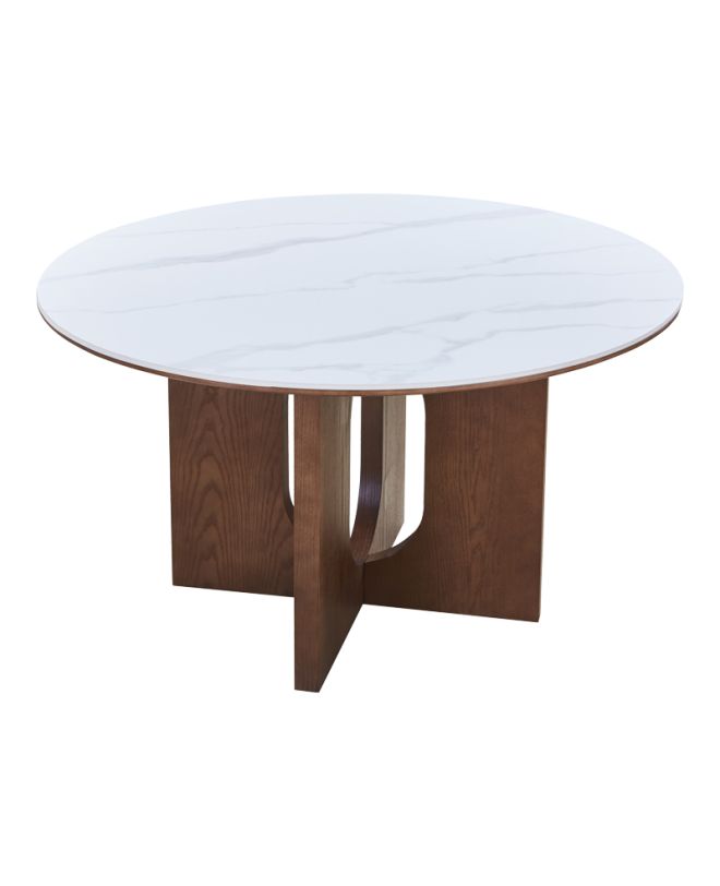 Τραπέζι Merge sintered stone-mdf σε λευκό μαρμάρου με καρυδί βάση Φ130x75εκ