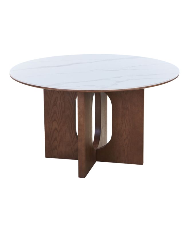 Τραπέζι Merge sintered stone-mdf σε λευκό μαρμάρου με καρυδί βάση Φ130x75εκ