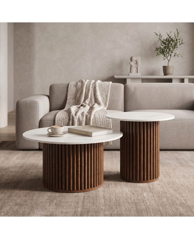 Τραπέζι σαλονιού Skerta σετ 2τεμ λευκό sintered stone mdf με καρυδί βάση