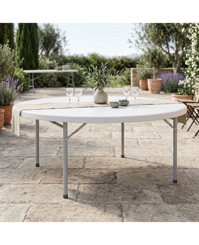 Τραπέζι βαλίτσα catering Comfort πτυσσόμενο στρόγγυλο σε λευκή απόχρωση Φ180x74εκ