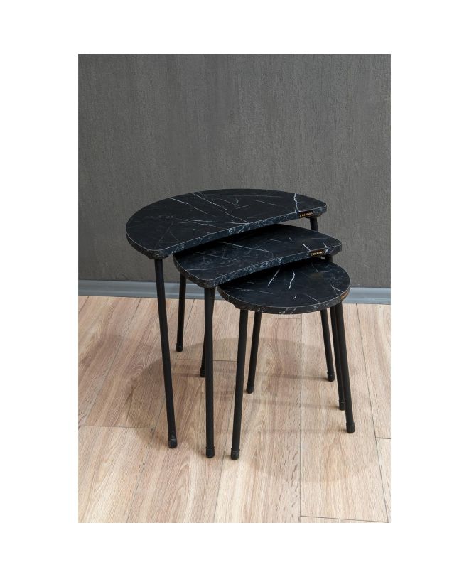 Τραπεζάκι Βοηθητικό ArteLibre JAMILAH Μαύρο/Όψη Μαρμάρου Μοριοσανίδα/Μέταλλο 55x34.5x51cm Σετ 3Τμχ