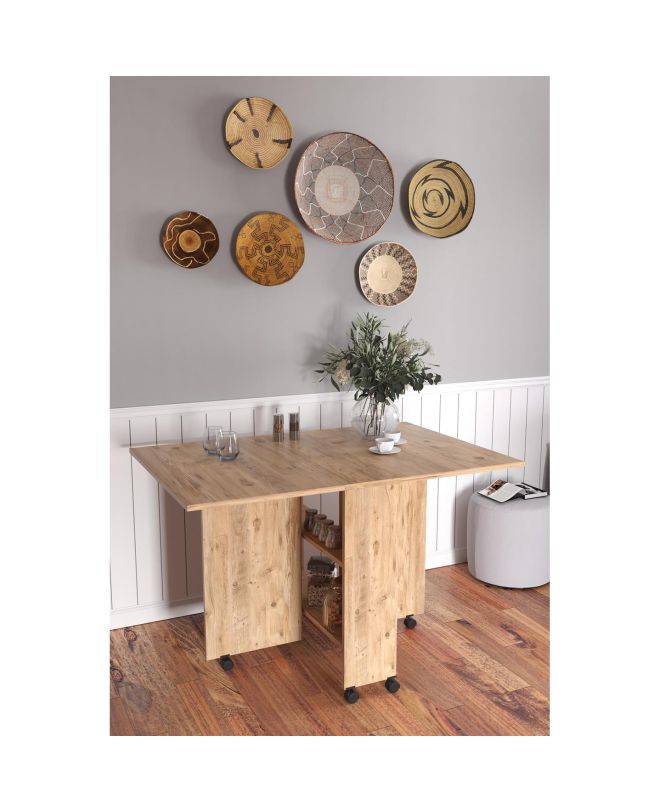 Τραπεζάκι Πτυσσόμενο ArteLibre Με Ροδάκια STANLEY Δρυς Μοριοσανίδα 120x80x73cm