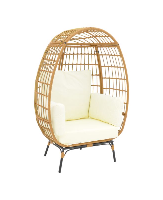 Πολυθρόνα Frox wicker rattan φυσικό-μεταλλικό φυσικό-μαύρο πόδι-μπεζ μαξιλάρι 96x76x145εκ