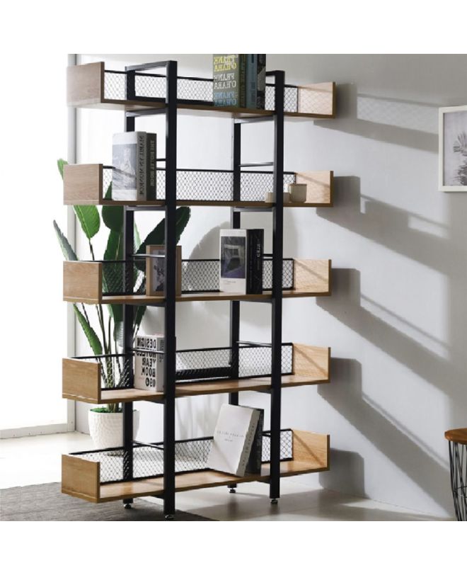 Βιβλιοθήκη Musha μέταλλο μαύρο με oak απόχρωση 120x27x185εκ