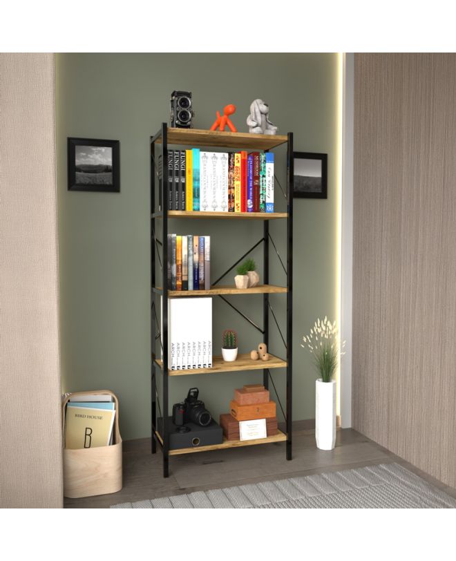 Βιβλιοθήκη Bimblem oak με μαύρο μέταλλο 60x30x150εκ
