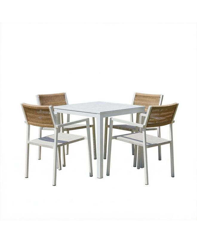 Τραπεζαρία Savor-Kliton σετ 5τεμ λευκό αλουμίνιο και rattan σε φυσικό χρώμα 80x80x74εκ