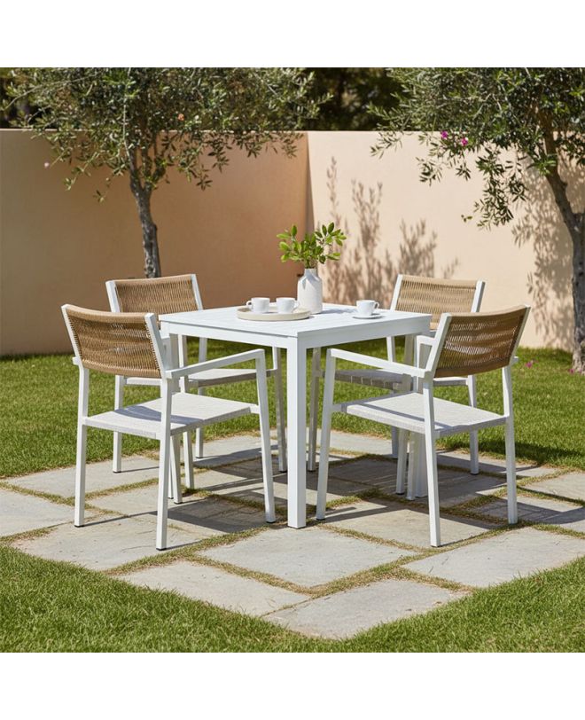 Τραπεζαρία Savor-Kliton σετ 5τεμ λευκό αλουμίνιο και rattan σε φυσικό χρώμα 80x80x74εκ