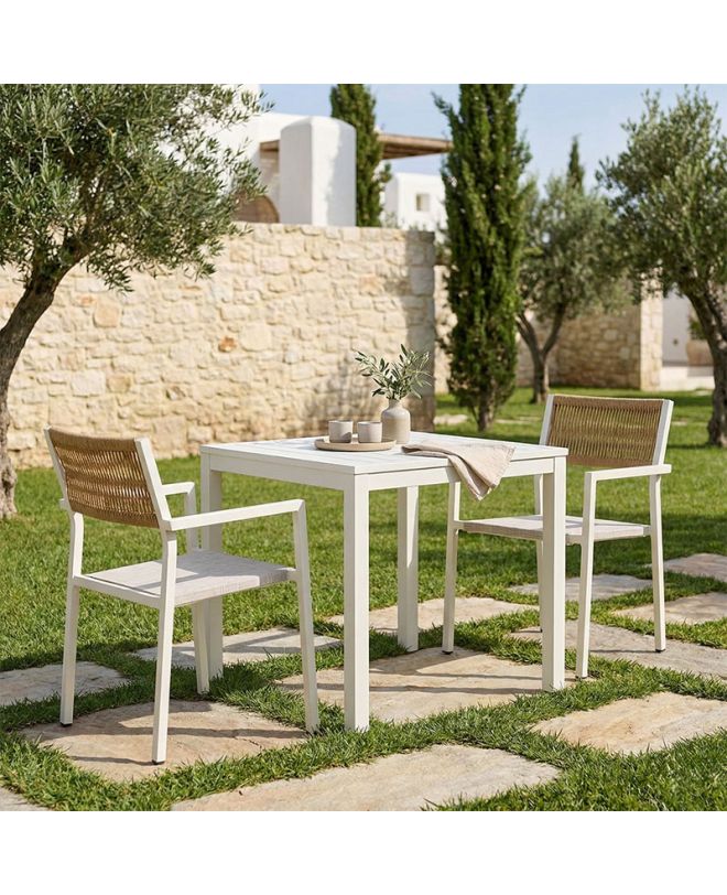 Τραπεζαρία Savor-Kliton σετ 3τεμ λευκό αλουμίνιο και rattan σε φυσικό χρώμα 80x80x74εκ