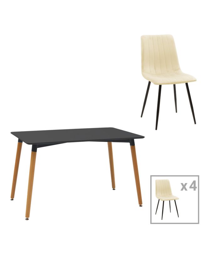 Τραπεζαρία Natali-Noor σετ 5τεμ MDF μαύρο-μπεζ ύφασμα 120x80x76εκ