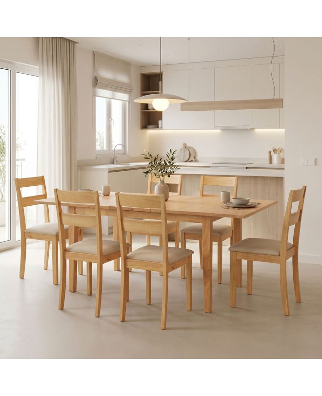 Τραπεζαρία Dallan Country 7τεμ σε φυσική απόχρωση rubberwood 120-150x80x74εκ