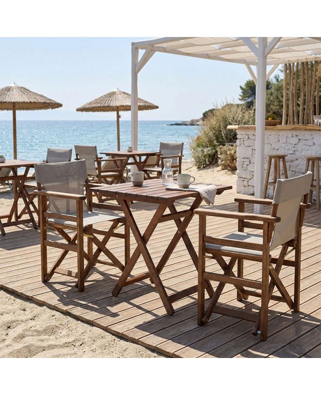 Tραπεζαρία Retto σετ 3τμχ μασίφ ξύλο οξιάς καρυδί-πανί γκρι μπεζ 60x60x71εκ