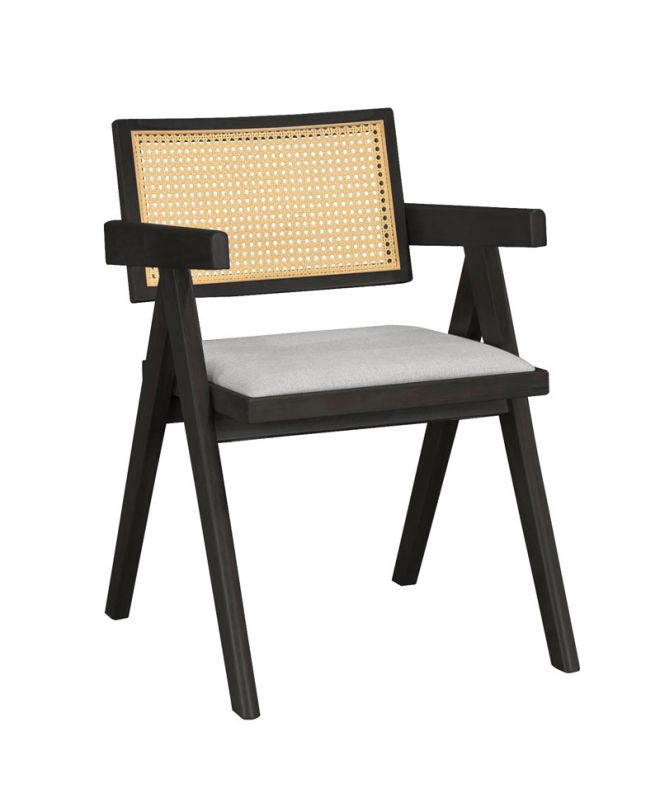 Πολυθρόνα Winslow ξύλο rubberwood μαύρο-pvc rattan φυσικό-ύφασμα γκρι