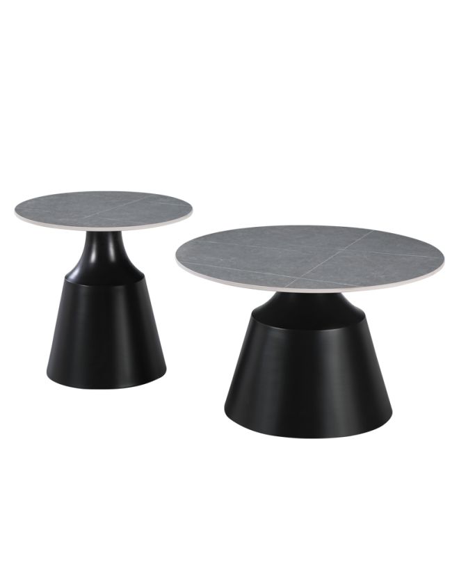 Τραπέζια σαλονιού Sculpt σετ 2τεμ μέταλλο μαύρο- sintered stone γκρι μάρμαρο