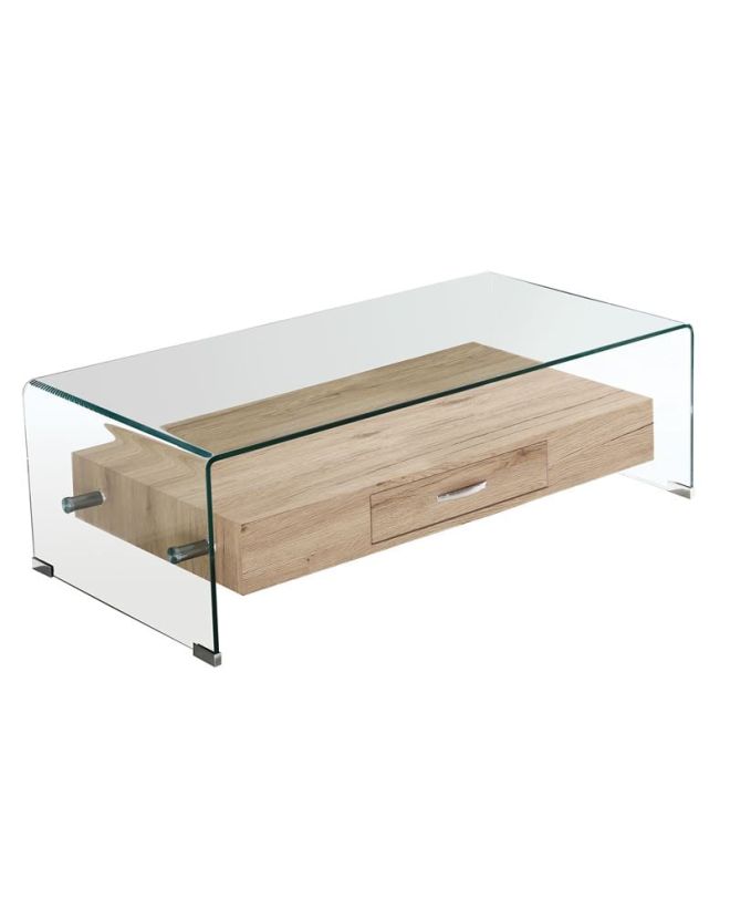 GLASSER Wood Τραπεζάκι Σαλονιού Γυαλί 12mm - Ράφι με Συρτάρι Απόχρωση Δρυς