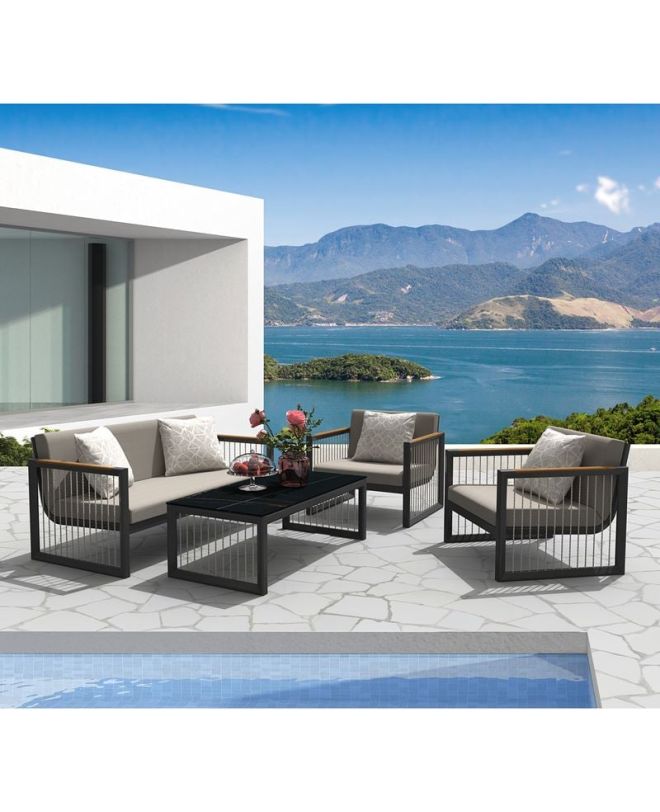 CORDOBA Set Καθιστικό ALU Ανθρακί: Καναπές+2 Πολυθρόνες+ Τραπεζάκι, Μαξιλάρια Μπεζ