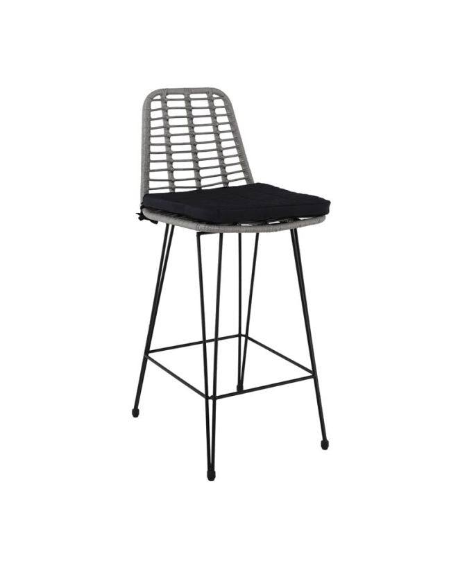 SALSA Σκαμπό BAR-Pro με Πλάτη, Μέταλλο Βαφή Μαύρο - Wicker Γκρι, με Μαξιλάρι Μαύρο