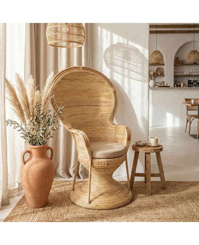 Πολυθρόνα Rea Inart με μπεζ μαξιλάρι-φυσικό rattan 92x75x140εκ