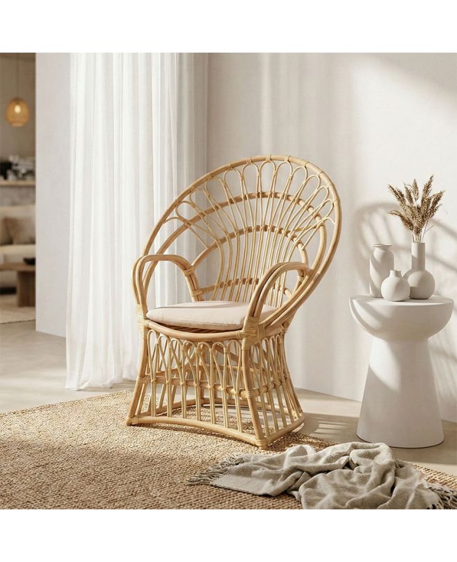 Πολυθρόνα Boloni Inart με μπεζ μαξιλάρι-φυσικό rattan 96x70x120εκ