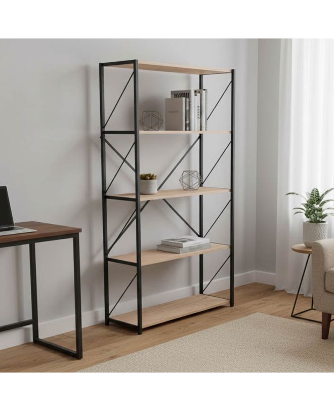 Βιβλιοθήκη Tikilmo oak μελαμίνης-μαύρο μέταλλο 88x34x180εκ