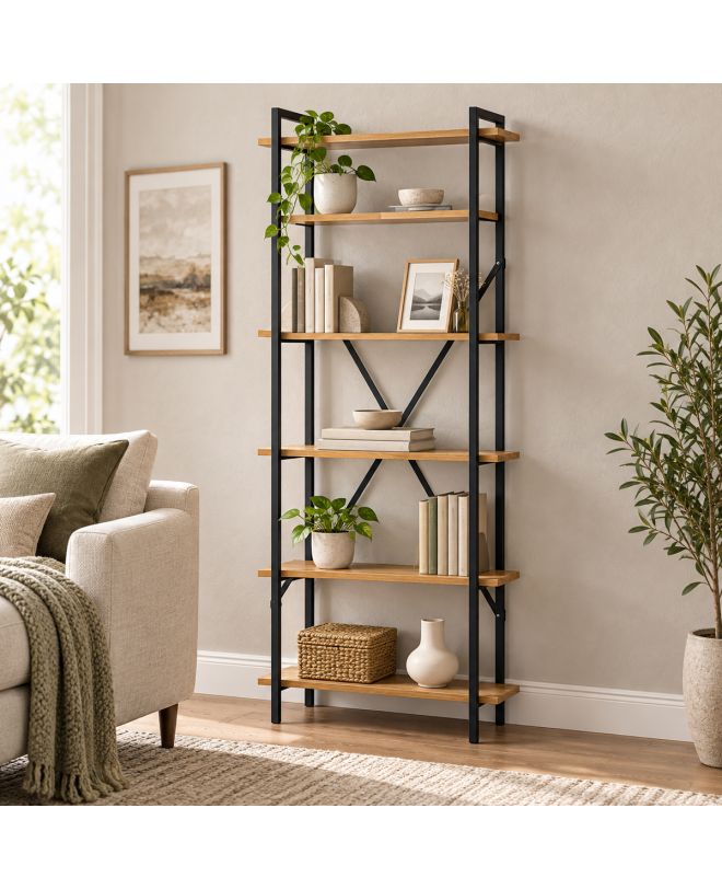 Βιβλιοθήκη Derena oak με μαύρο μέταλλο 60x29x160εκ