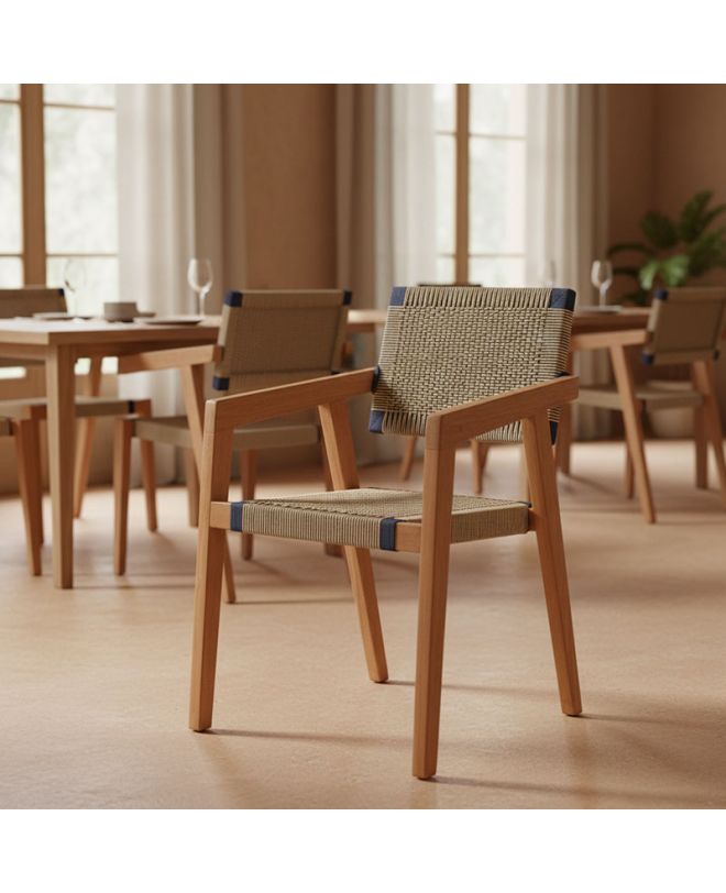 Πολυθρόνα Salama σκελετός teak ξύλο σε φυσική απόχρωση και κρεμ-μαύρο pe σχοινί 57x60x85εκ