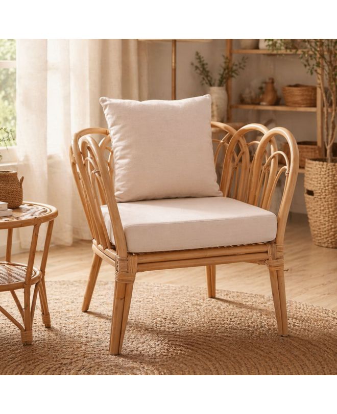 Πολυθρόνα Tania φυσικό rattan-λευκό μαξιλάρι 76x76x76εκ