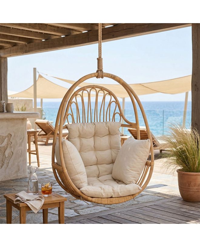 Κρεμαστή κούνια Jorg φυσικό rattan-κρεμ μαξιλάρι 80x59x105εκ