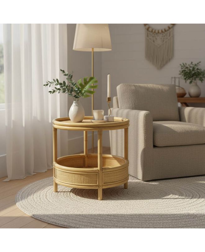 Βοηθητικό τραπέζι Moody pe rattan σε φυσική απόχρωση Φ55x51εκ