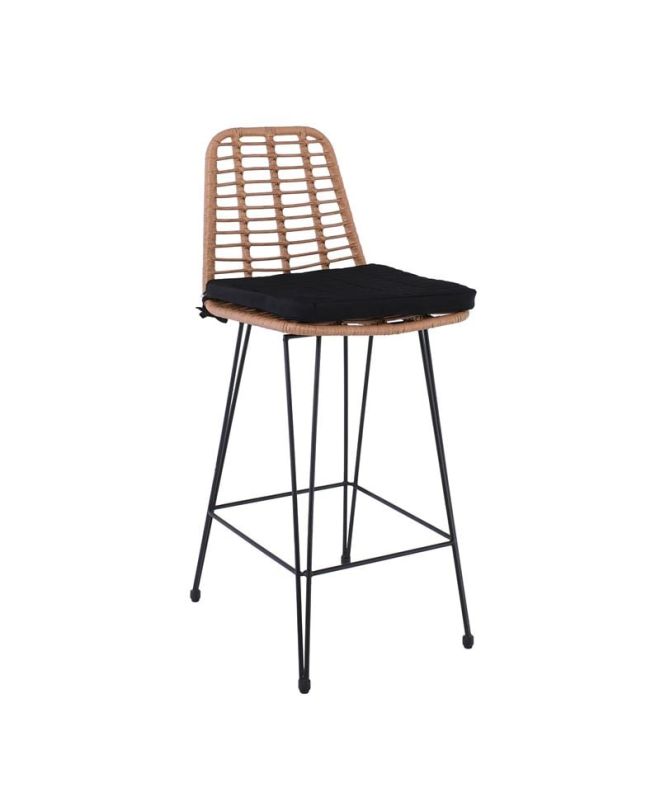 SALSA Σκαμπό BAR-Pro με Πλάτη, Μέταλλο Βαφή Μαύρο - Wicker Φυσικό, με Μαξιλάρι Μαύρο