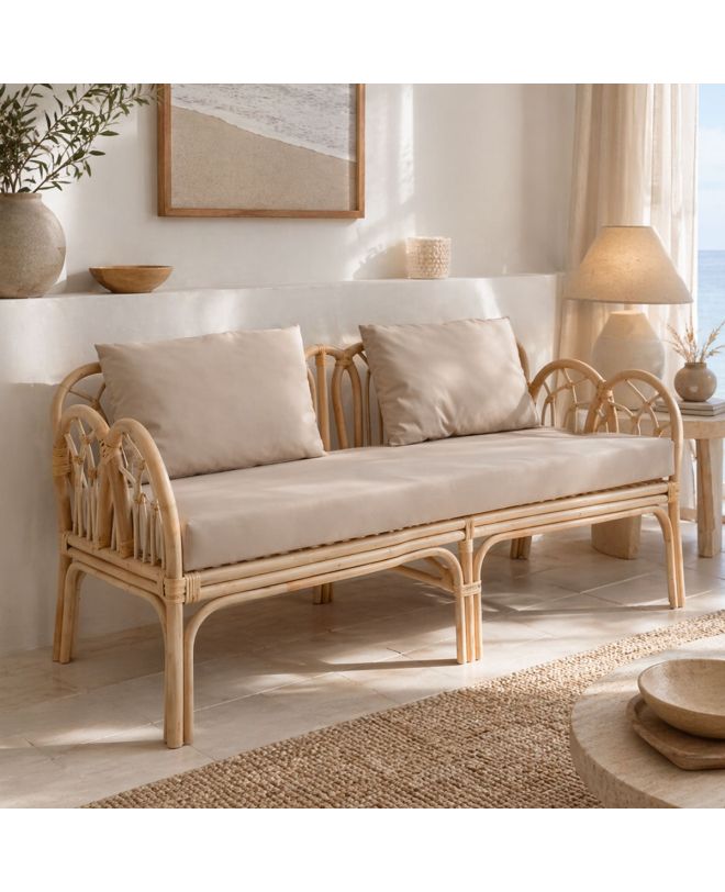 Καναπές διθέσιος Ytrone rattan σε φυσική απόχρωση με μπεζ μαξιλάρι 166x61.5x71εκ