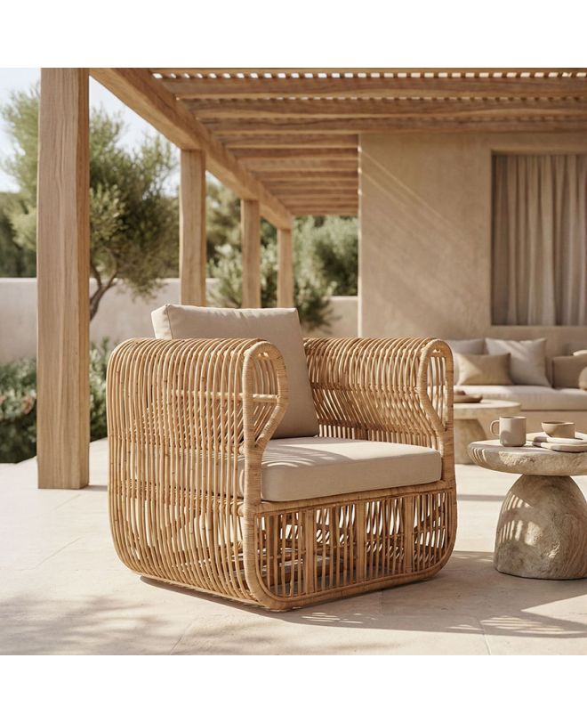 Πολυθρόνα Fajole rattan σε φυσική απόχρωση με μπεζ μαξιλάρι 83x92x82εκ