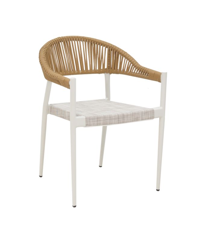 Πολυθρόνα αλουμινίου Elation στοιβαζόμενη λευκός σκελετός-textilene γκρι και rattan σε φυσική απόχρωση 56x52x76εκ