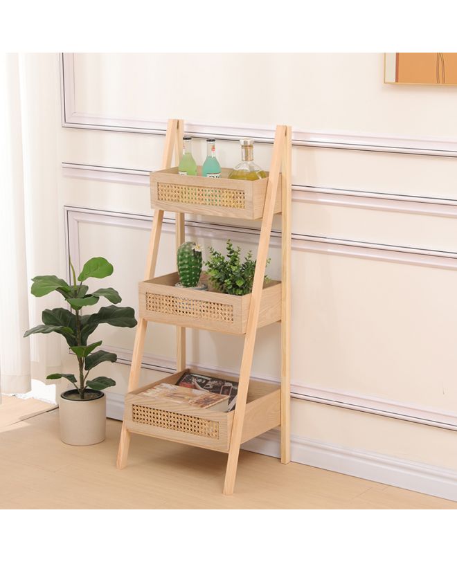 Ραφιέρα επιδαπέδια 3όροφη Scandy mdf-rattan σε φυσική απόχρωση 44x37x110εκ