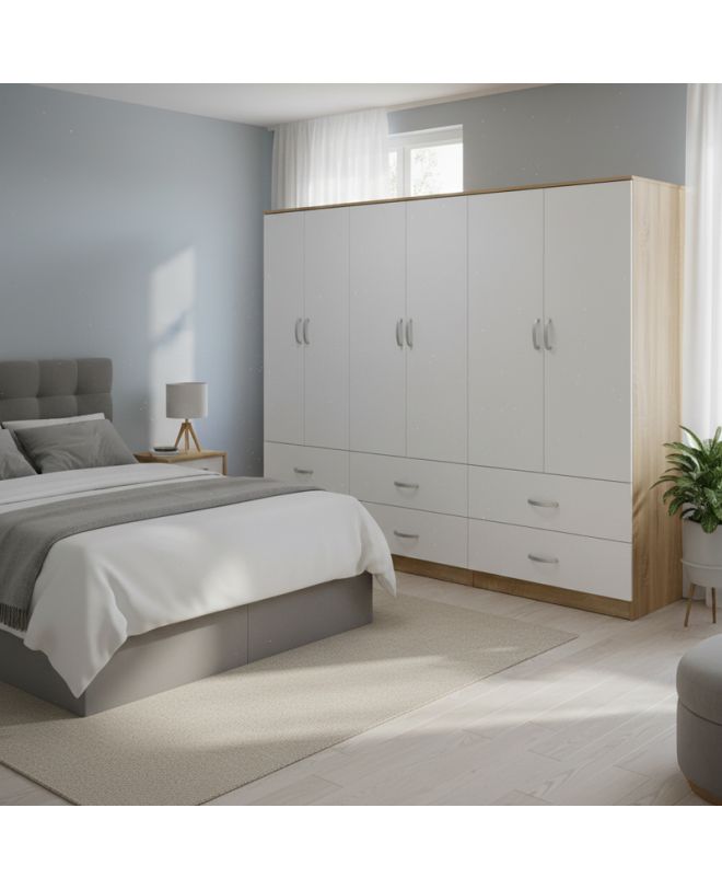 Ντουλάπα εξάφυλλη με συρτάρια Athos sonoma-λευκό 240x42x180εκ