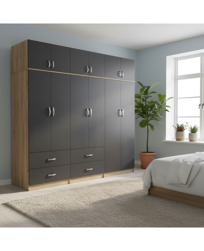 Ντουλάπα εξάφυλλη με πατάρι Athos sonoma-ανθρακί 240x42x240εκ