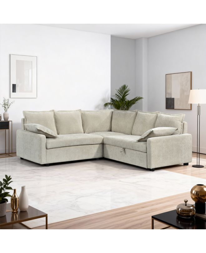 Γωνιακός καναπές κρεβάτι Lounivo ύφασμα μπεζ 215x215x84εκ