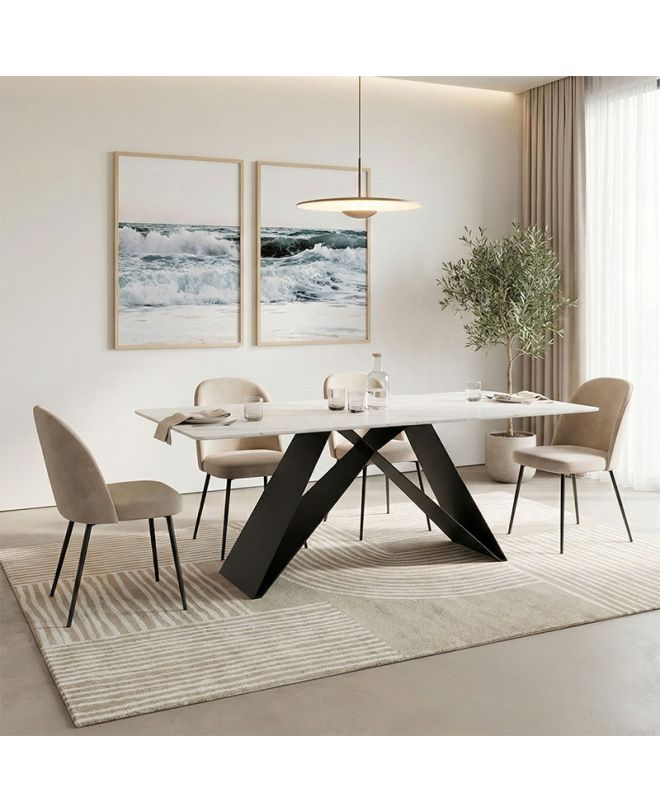 Τραπέζι Mapele sintered stone λευκή όψη μαρμάρου με μαύρα μεταλλικά πόδια 180x90x75εκ