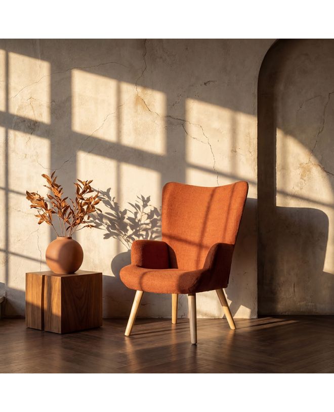 Πολυθρόνα-μπερζέρα Gerlina terracotta ύφασμα με πόδι σε φυσική απόχρωση 71x64x94εκ