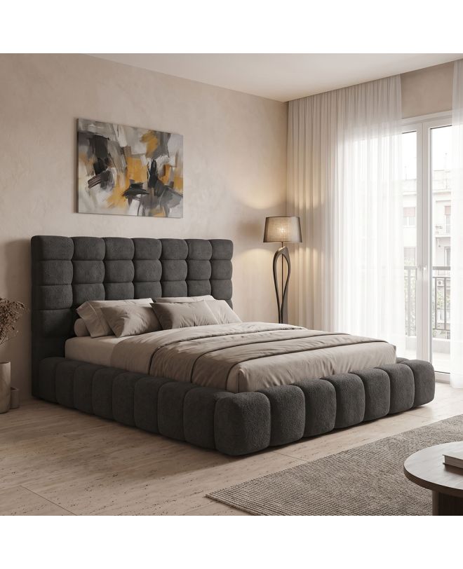 Κρεβάτι διπλό Pernant ανθρακί μπουκλέ ύφασμα 160x200εκ