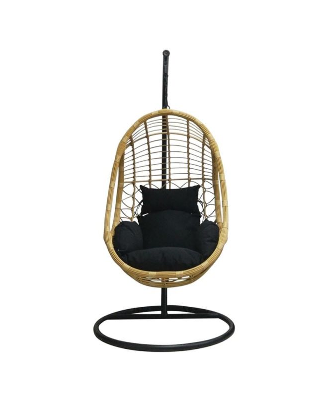 SALSA Κρεμαστή Πολυθρόνα, PE Wicker Φυσικό, Μέταλλο Βαφή Μαύρο, Μαξιλάρι Μαύρο
