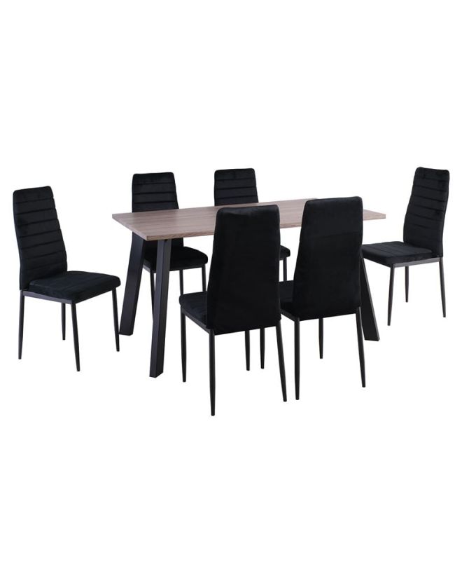 JETTA-BAXTER Τραπεζαρία Μέταλλ ο Βαφή Μαύρο, Τραπέζι Sonoma Oak + 6 Καρέκλες Velure Μαύρο