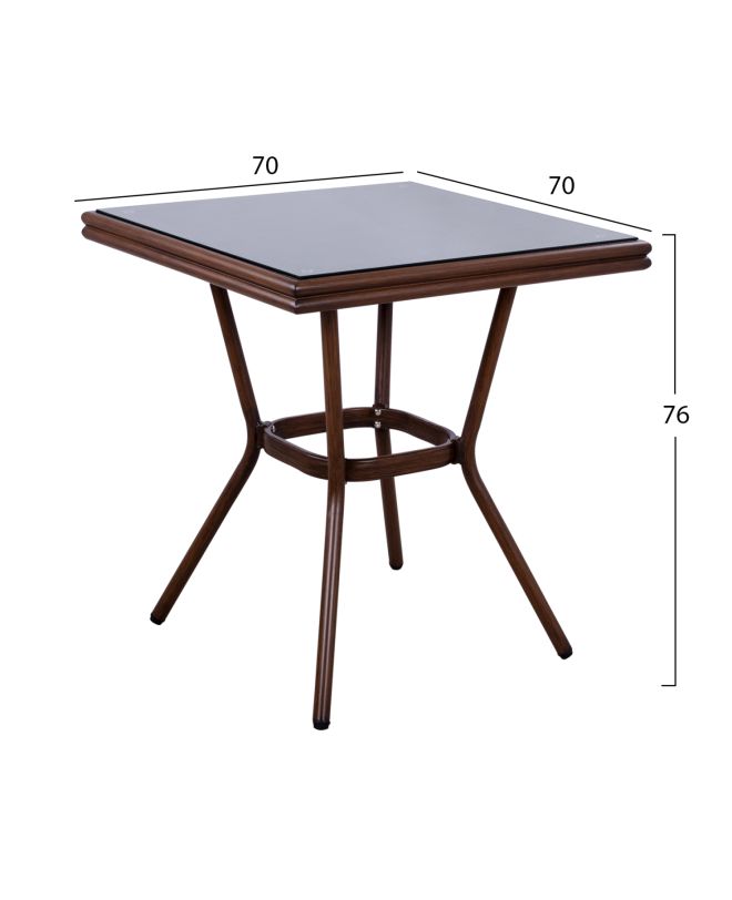 ΤΡΑΠΕΖΙ ΑΛΟΥΜΙΝΙΟΥ HARLOW 70X70X76Υ ΜΕ ΟΨΗ BAMBOO HM5568.03 ΚΑΦΕ ΜΕ ΓΥΑΛΙ