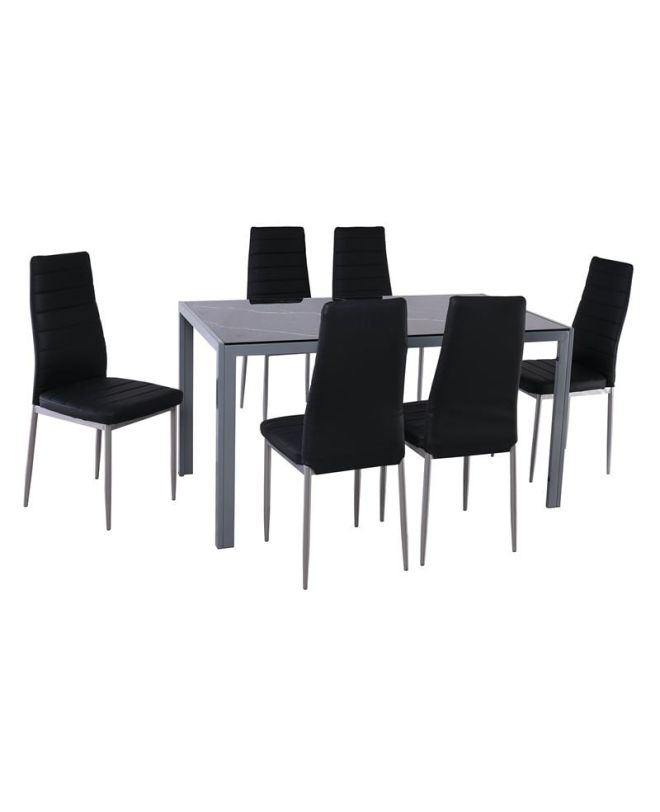 JETTA-DEGO Set Τραπεζαρία: Τραπέζι + 6 Καρέκλες, Μέταλλο Γκρι - Γυαλί Μαύρο - PVC Μαύρο