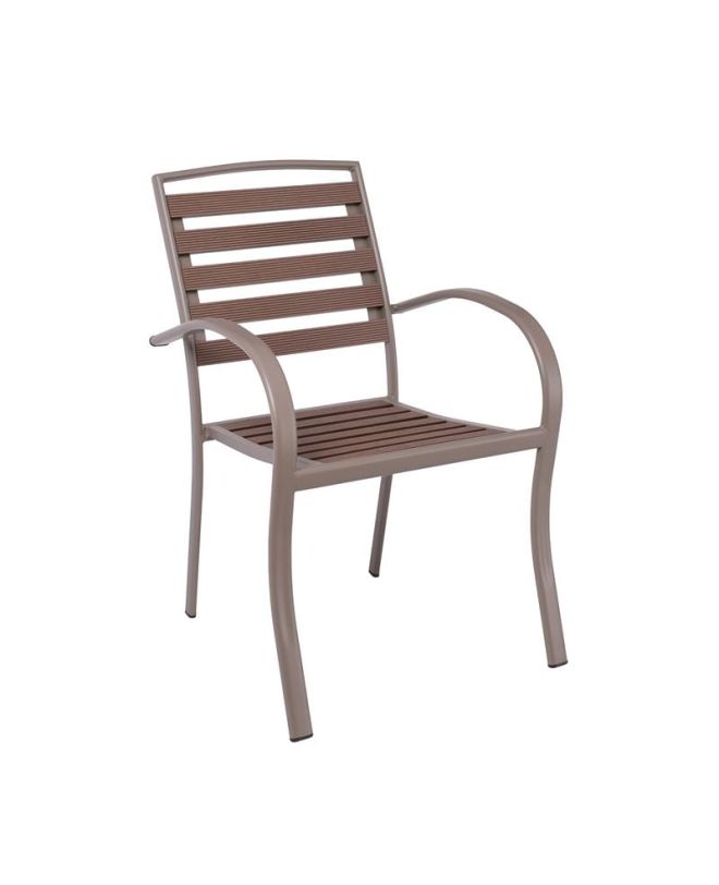 SERRANO Πολυθρόνα Κήπου Μέταλλο Βαφή Sand Beige, Polywood Καρυδί, Στοιβαζόμενη