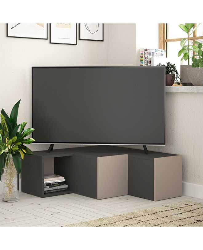 Έπιπλο τηλεόρασης γωνιακό Compact Megapap χρώμα ανθρακί - ανοιχτή μόκα 94,2x90,6x31,4εκ.